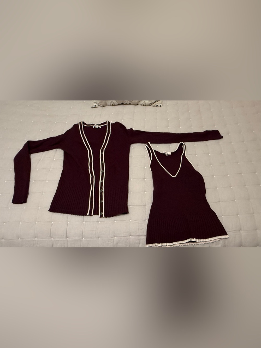 Madewell Women's Burgundy Knit Cardigan & Tank Set with Cream Trim